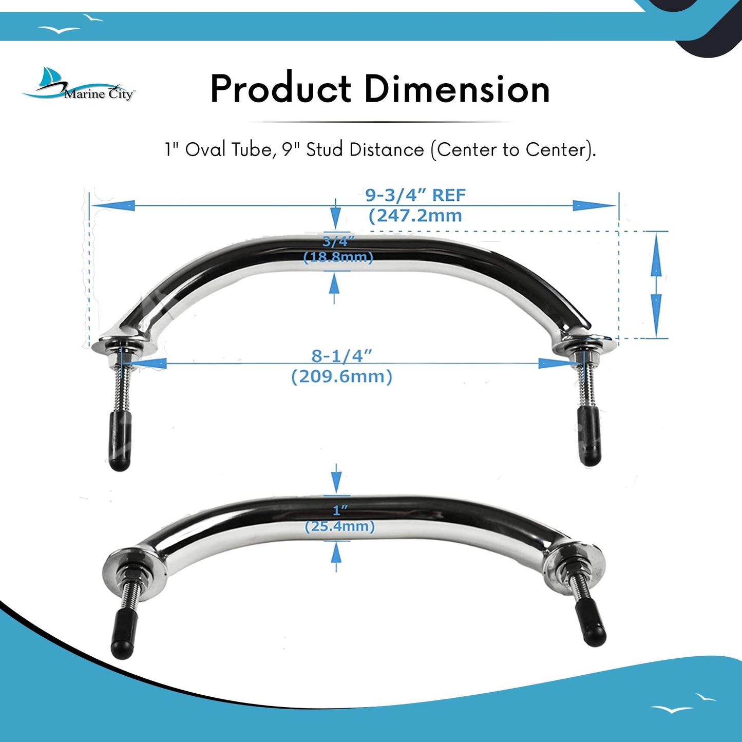 Marine City 8” Stainless Steel Oval Tube Boat Handrail with Flange & Studs