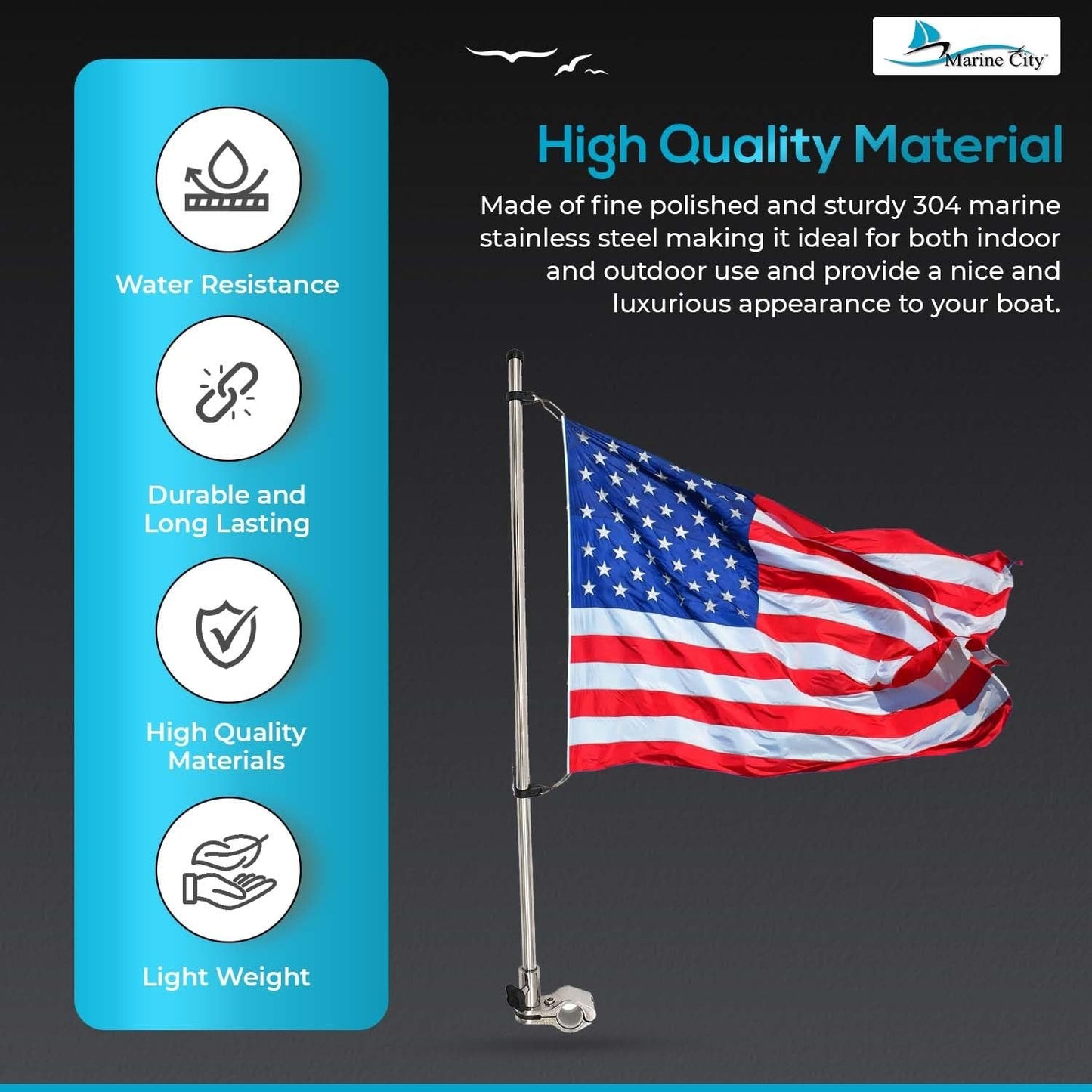 Marine City Stainless Steel Pole Base with 21" Flag Pole & 12x18” US Flag Marine City
