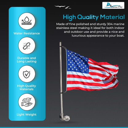 Marine City Stainless Steel Pole Base with 21" Flag Pole & 12x18” US Flag Marine City