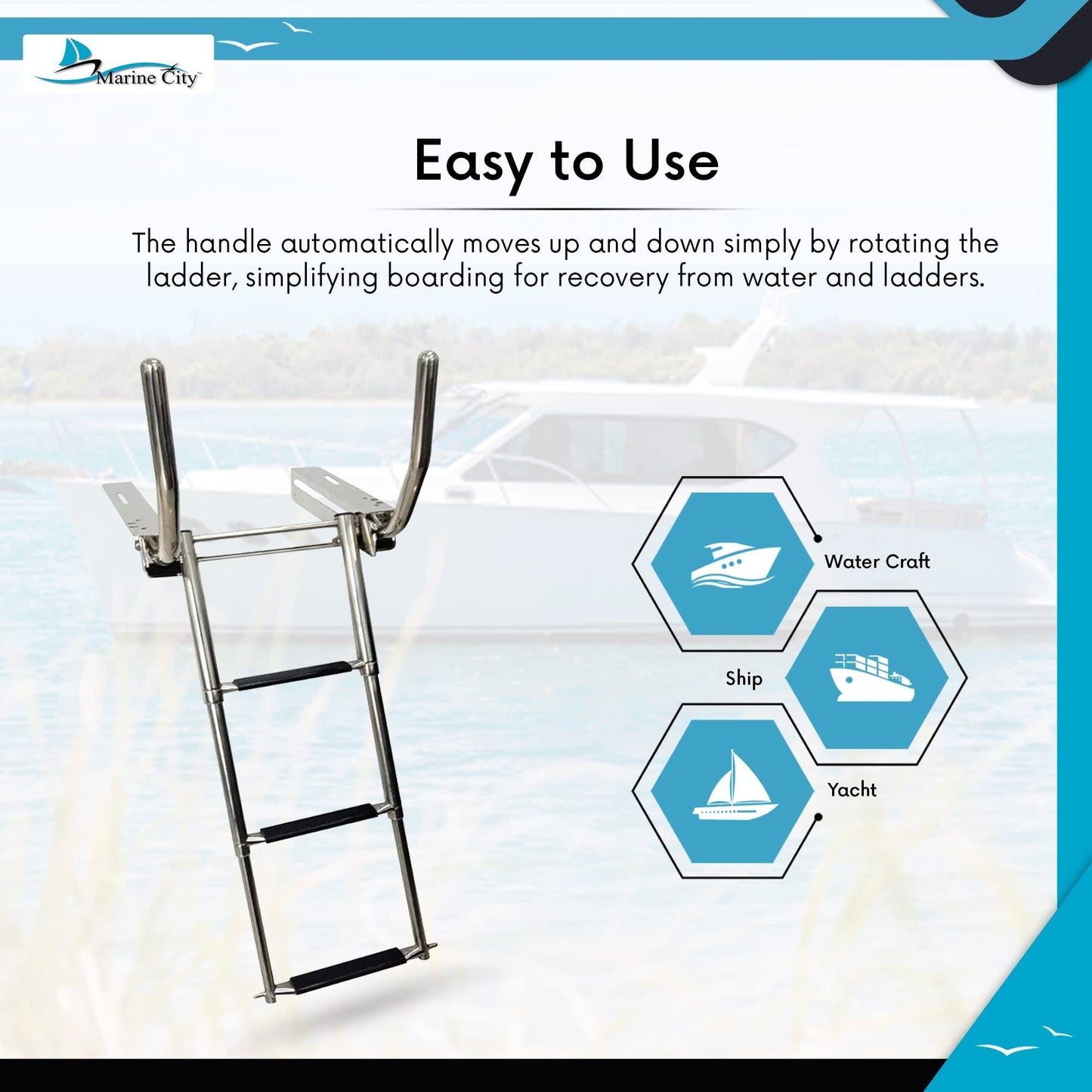 Marine City 3-Step Telescoping Stainless Steel Ladder with Retractable Handrail Marine City