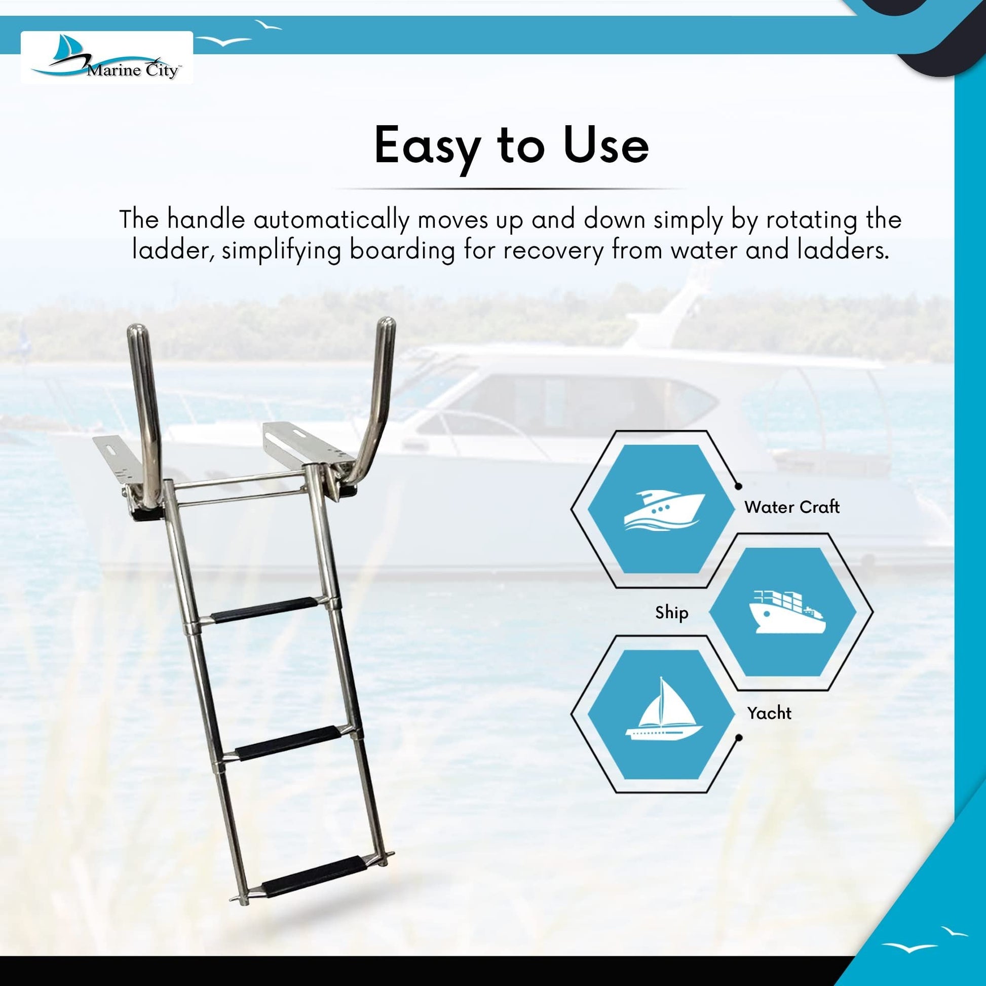 Marine City 3-Step Telescoping Stainless Steel Ladder with Retractable Handrail Marine City