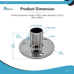 Marine City Fixed Antenna Base 1”-14 Thread – 304 Stainless Steel, Mirror Polish