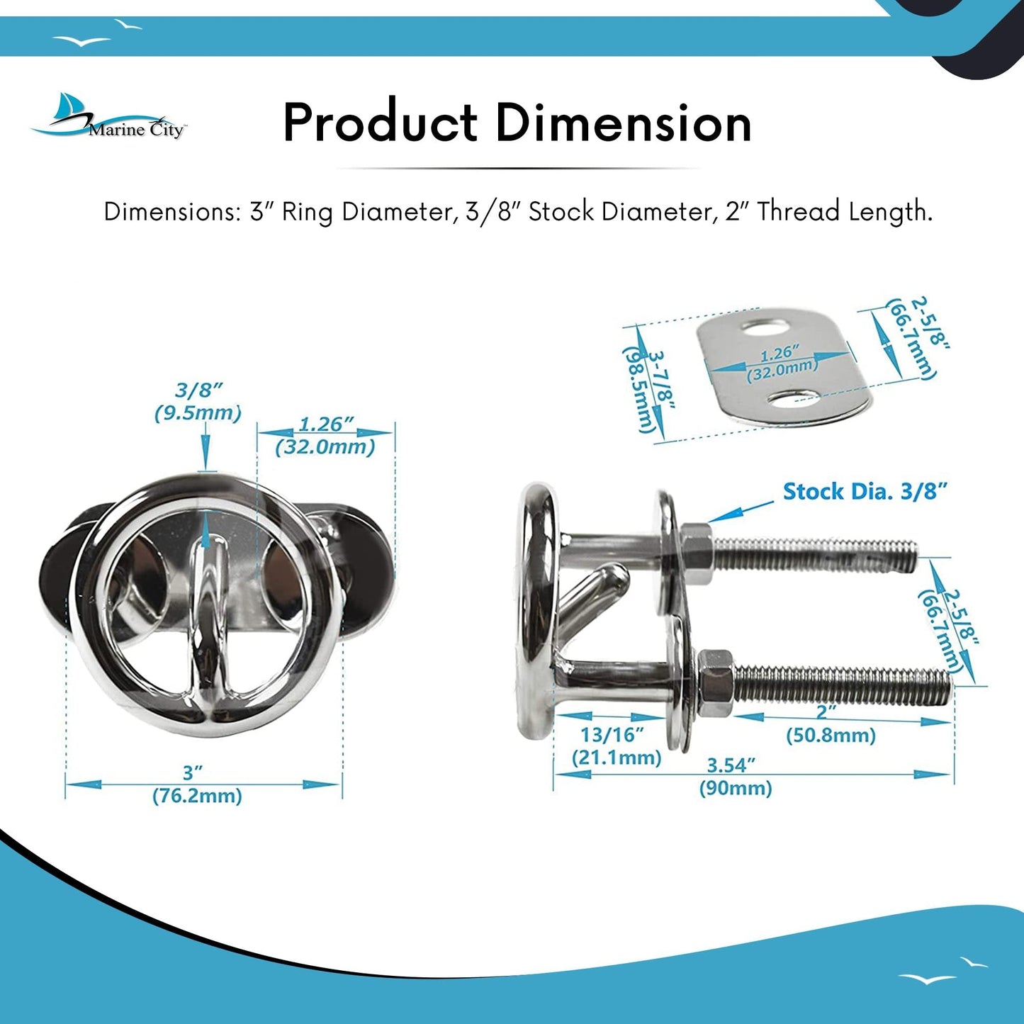 MARINE CITY Transom Mount Ski Tow Hook – 316 Stainless Steel, 3 inches Ring Marine City
