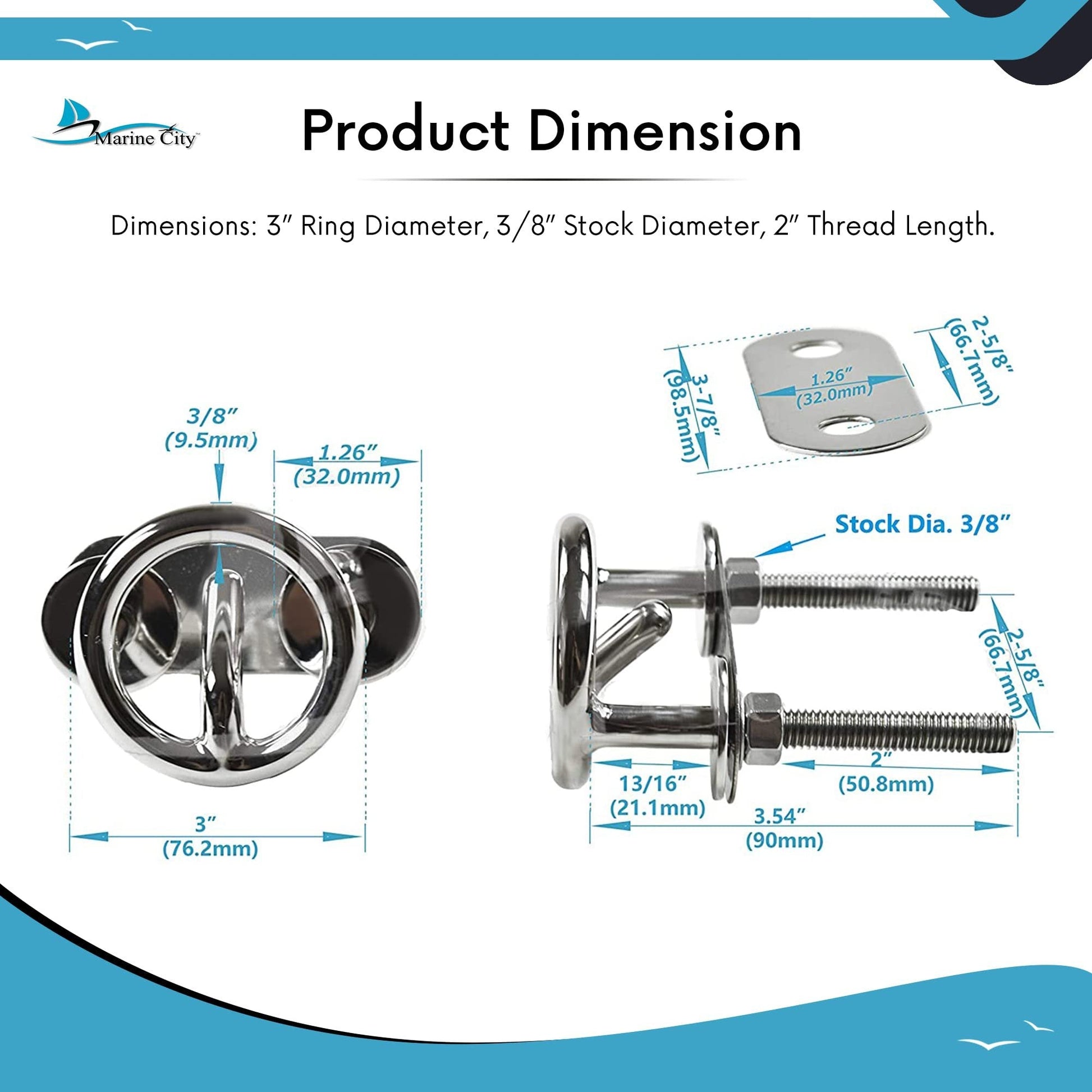 MARINE CITY Transom Mount Ski Tow Hook – 316 Stainless Steel, 3 inches Ring Marine City