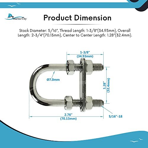 Marine City Bow Eye U-Bolt, 5/16” 304 Stainless Steel, 2-3/4” Length, Heavy Duty
