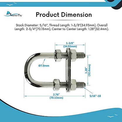 Marine City Bow Eye U-Bolt, 5/16” 304 Stainless Steel, 2-3/4” Length, Heavy Duty