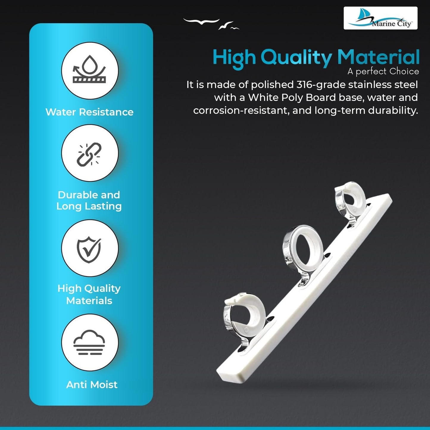 Marine City 3-Rod Reel Fishing Rod Storage Hanger Rack – 316 Stainless Steel Marine City