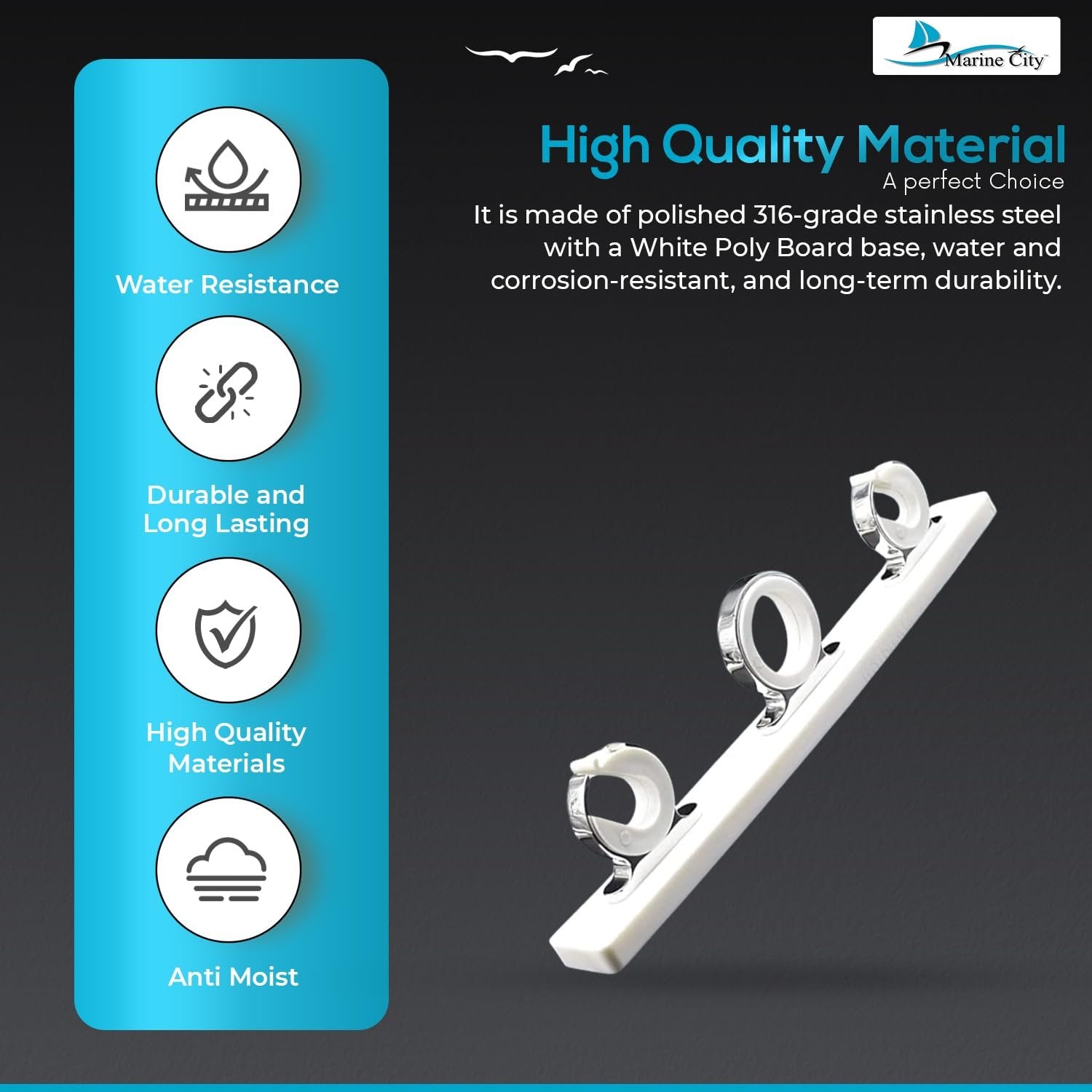 Marine City 3-Rod Reel Fishing Rod Storage Hanger Rack – 316 Stainless Steel Marine City