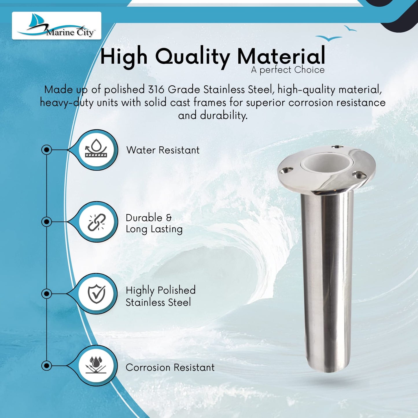 Marine City 316 Stainless Steel Flush-Mount Fishing Rod Holder with Drain