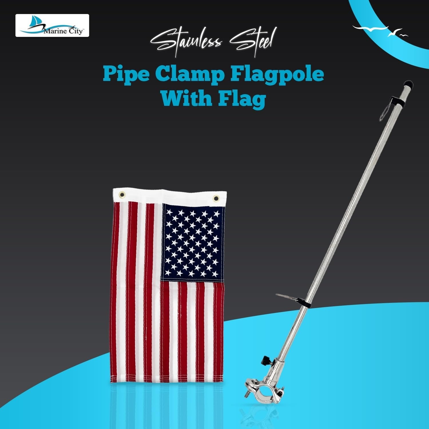 Marine City 22.5 Inches Pipe-Clamp Flagpole with US Flag – Stainless Steel MARINE CITY
