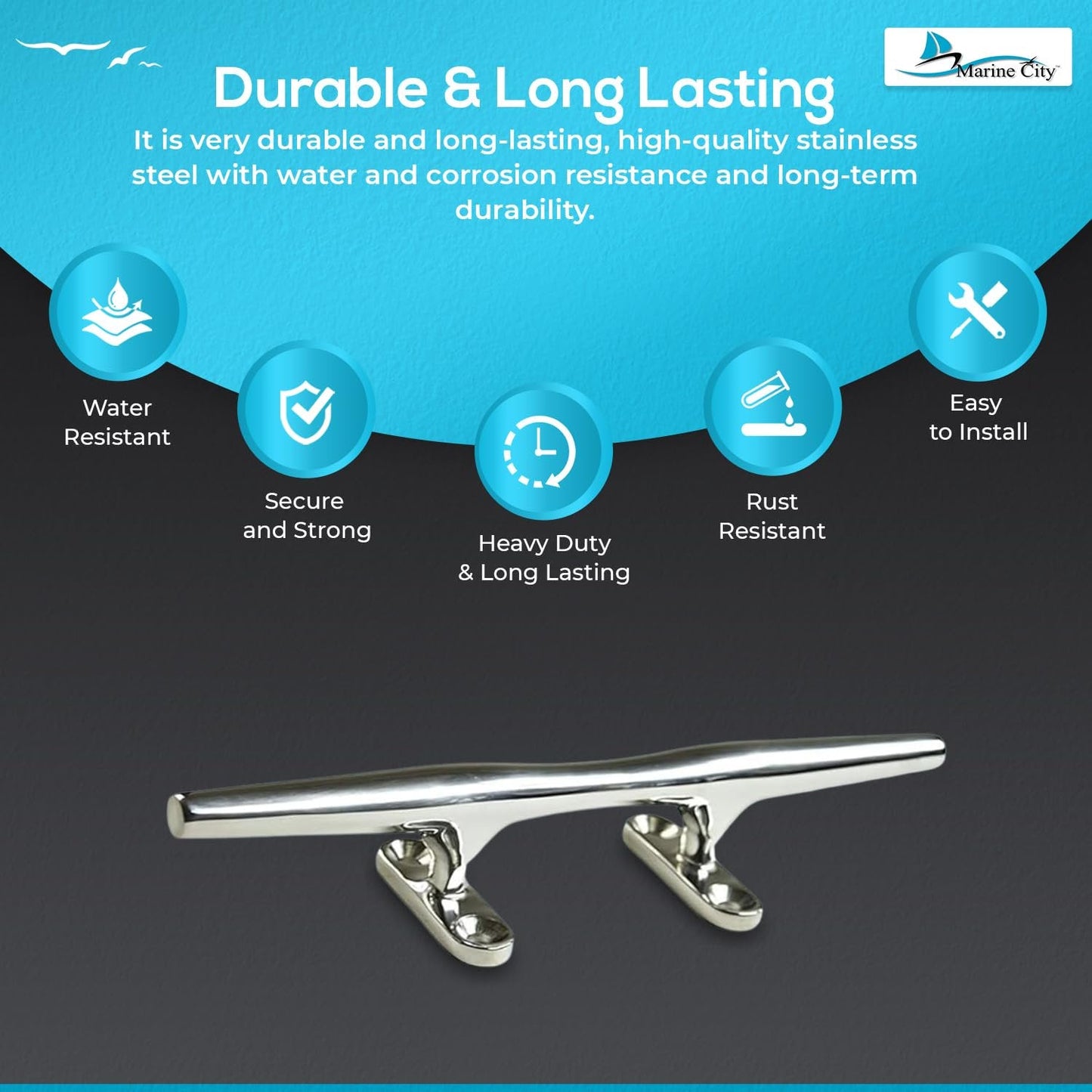Marine City 316 Stainless Steel Open Base Cleat – 8" Deck Mooring Rope Tie Cleat MARINE CITY