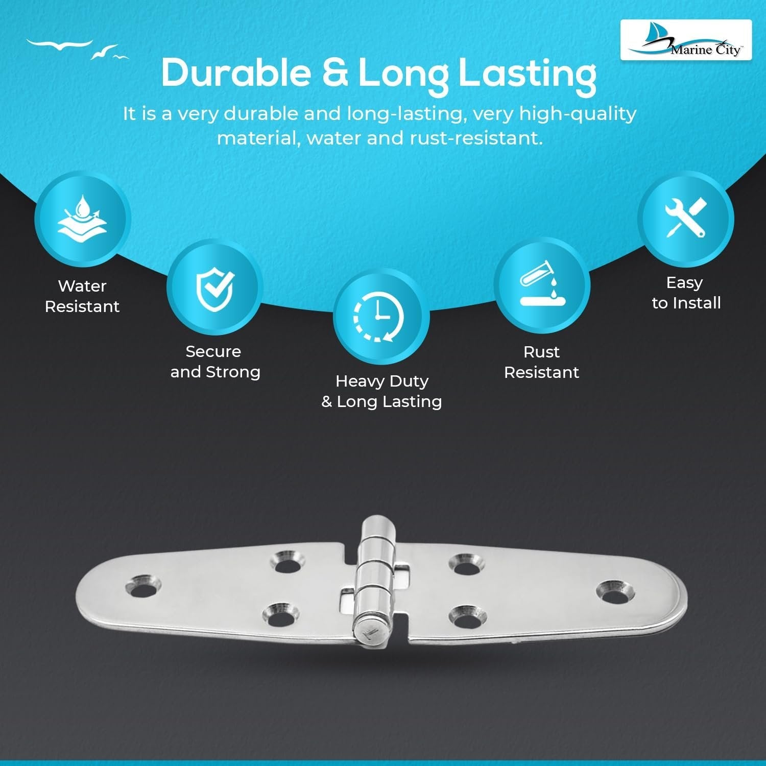 Marine City 304 Stainless Steel Round Door Strap Hinges (5-5/8” × 1.5”) (2 Pcs) Marine City