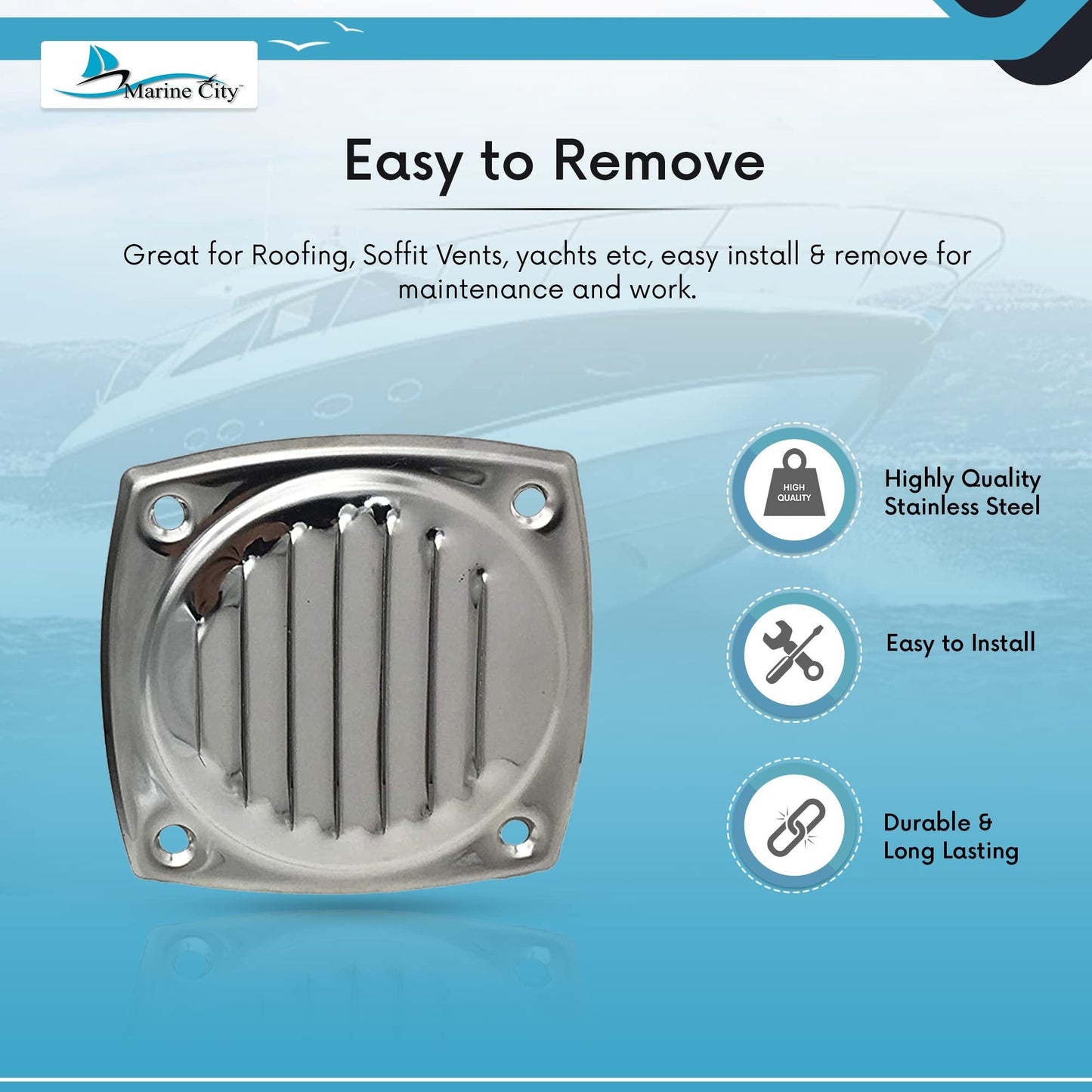 Marine City 5" Thru Louvered Vent, 304 Stainless Steel, Rust-Resistant, Polished Marine City