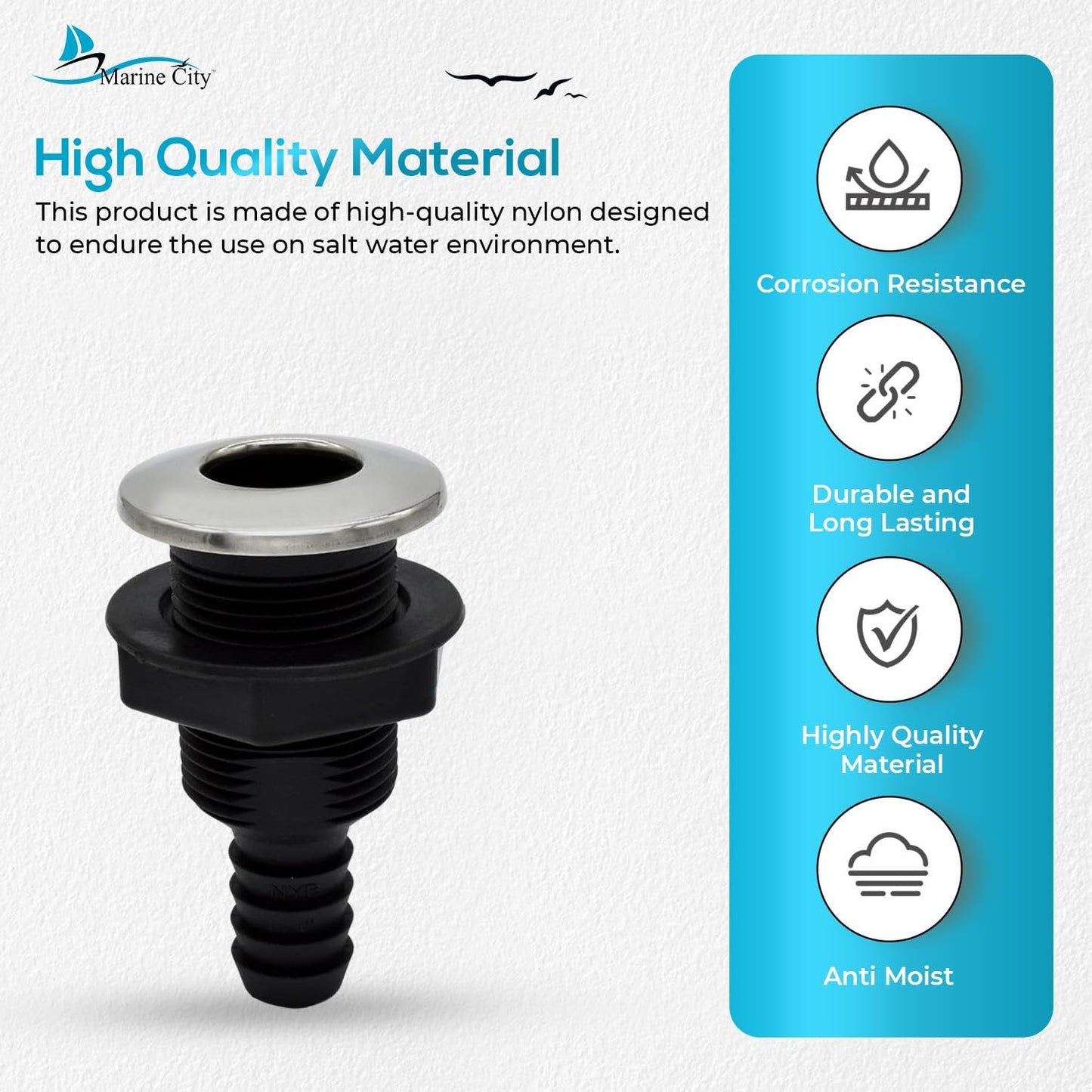 Marine City Nylon Thru-Hull Fitting with 316 Stainless Steel Trim & Flapper MARINE CITY