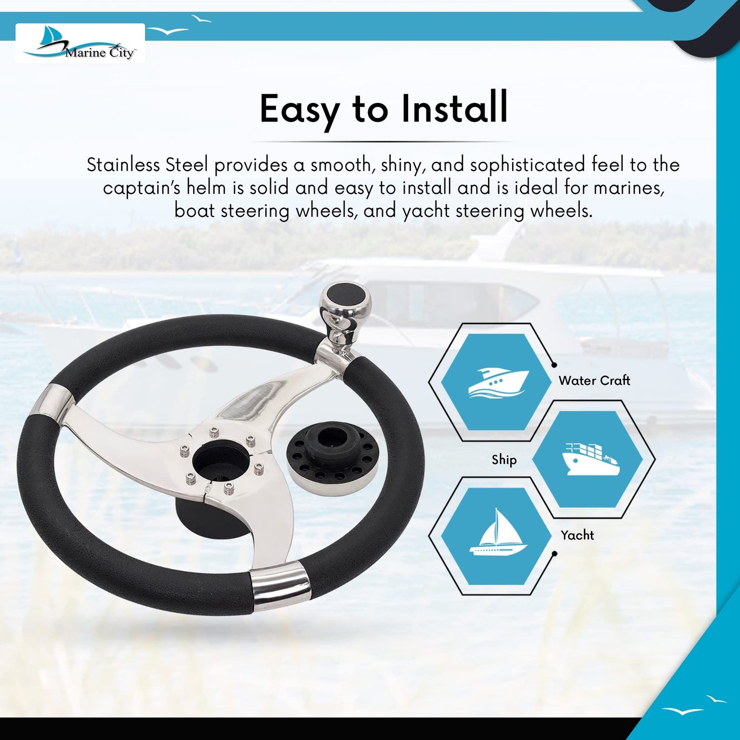 Marine City Sports 3-Spoke Steering Wheel – 316 Stainless Steel, 13-1/2 Inch