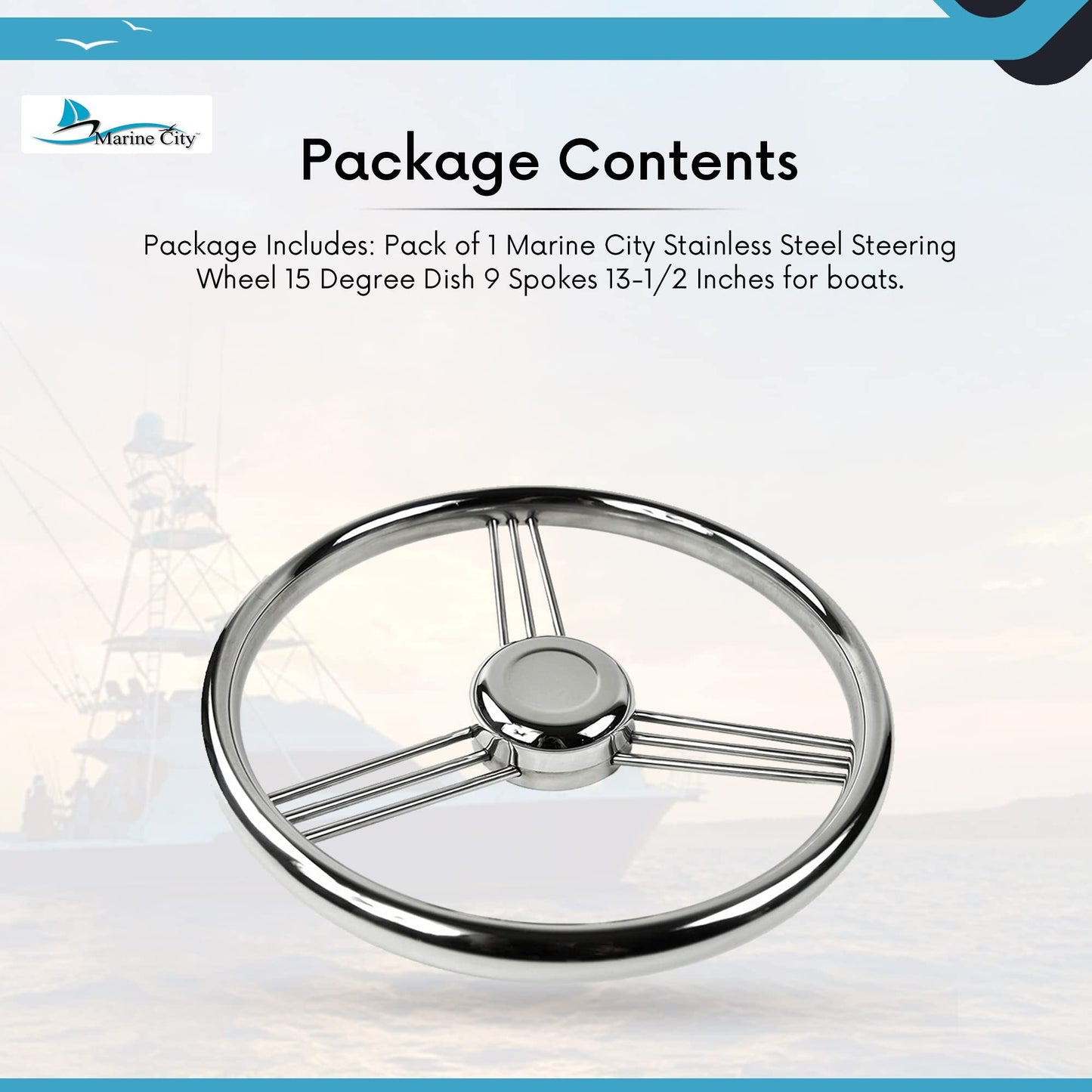 Marine City 316 Stainless Steel Steering Wheel 9 Spoke – 13-1/2” Diameter
