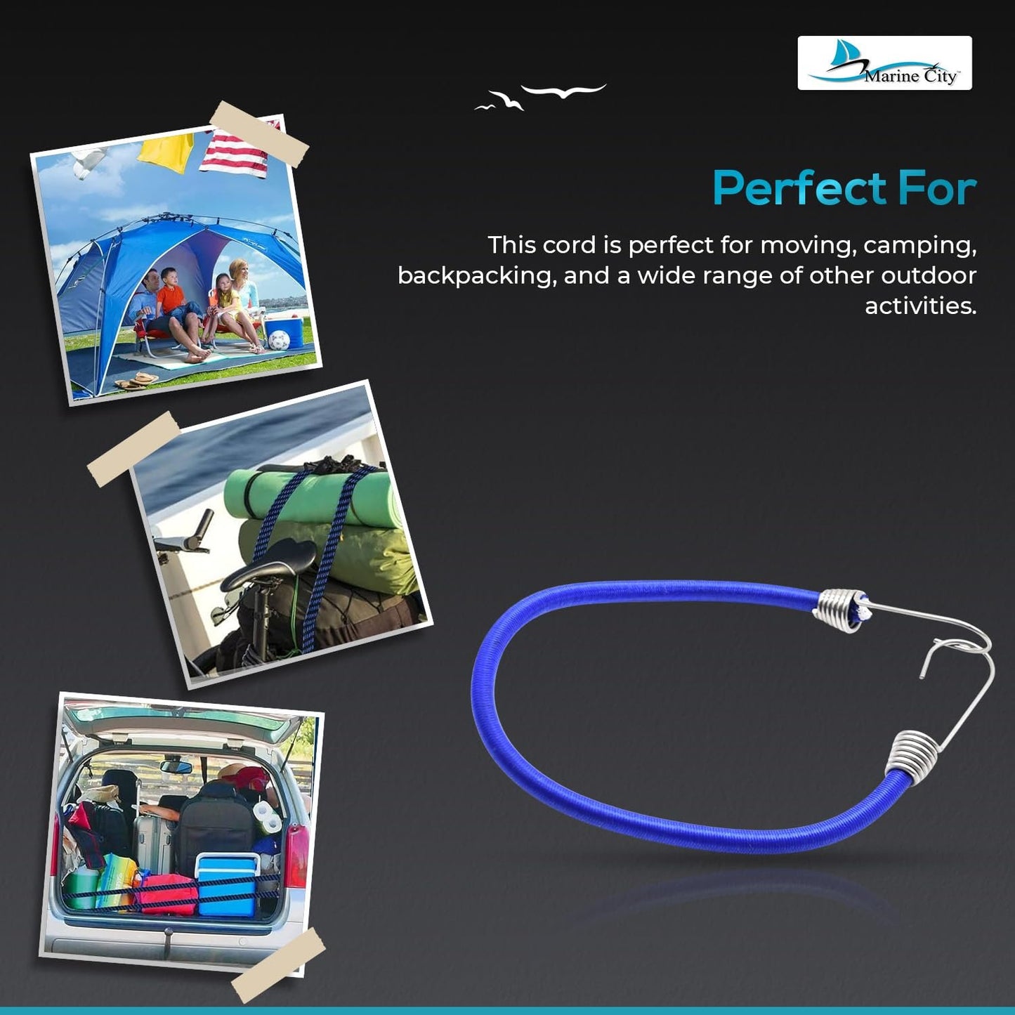 Cuerda elástica azul Marine City con gancho de acero inoxidable de 20" para barco