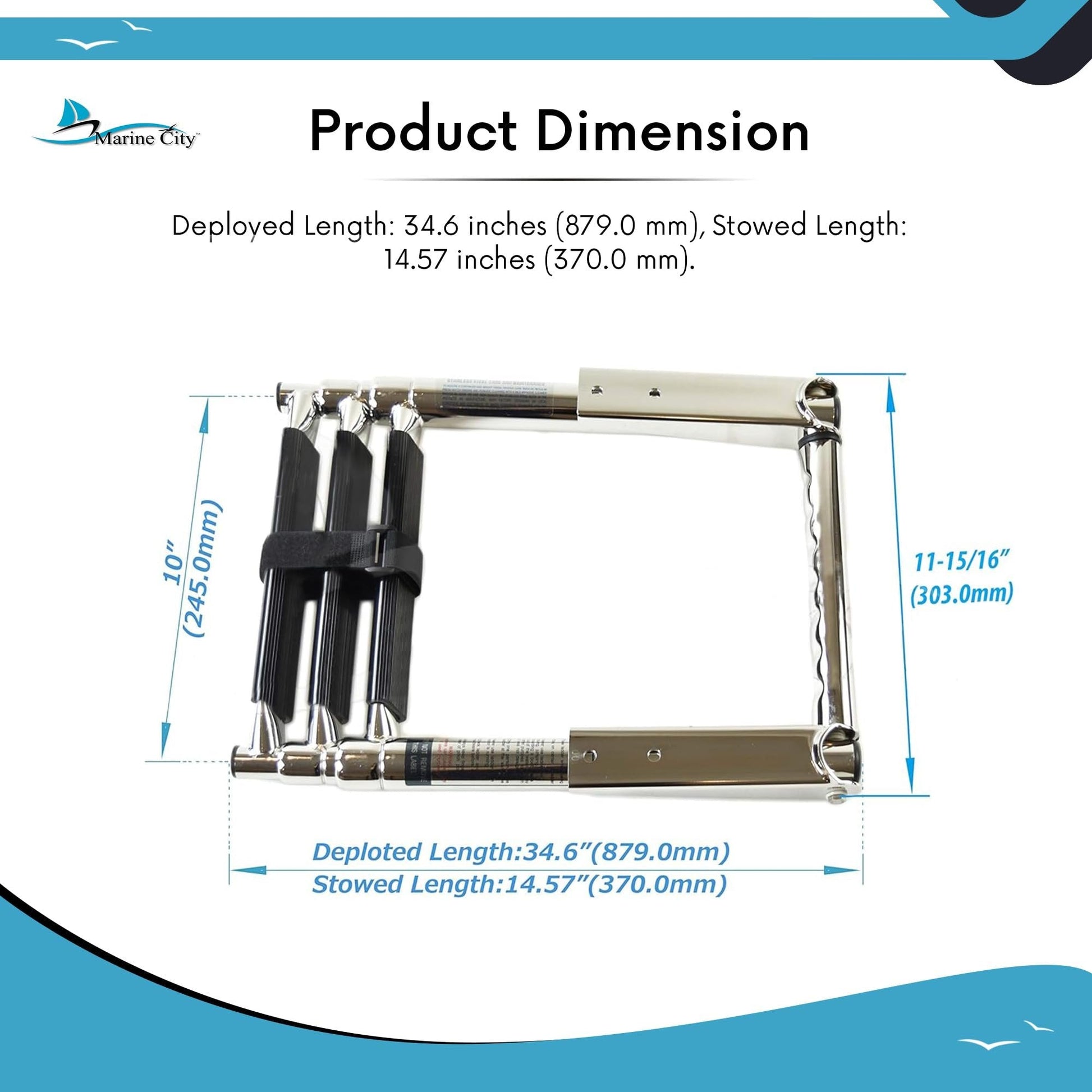 MARINE CITY 3-Step Telescopic Drop Ladder with Gangplank Handle Stainless Steel Marine City