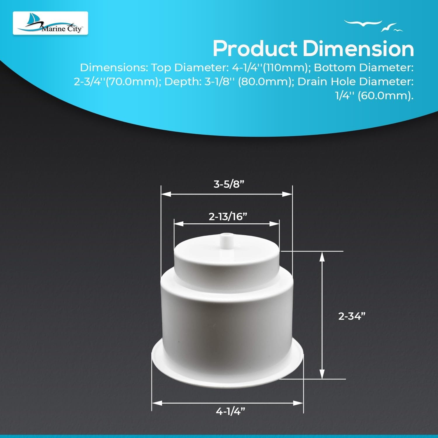 Marine City ABS White Plastic Cup Holder with Center Drain – Flush Mount Holder Marine City