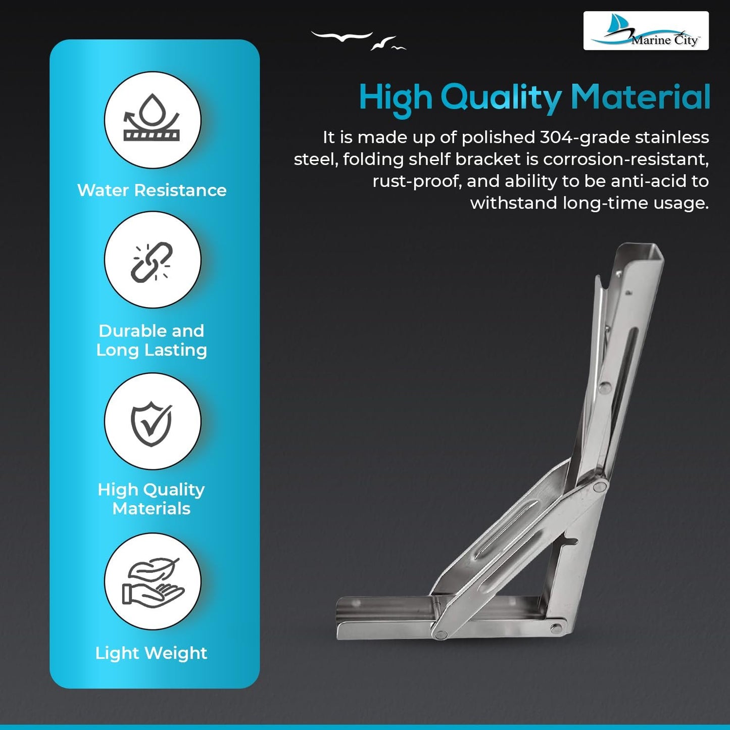 Marine City 304 Stainless Steel Folding Table Bracket – 12” Long Release Arm