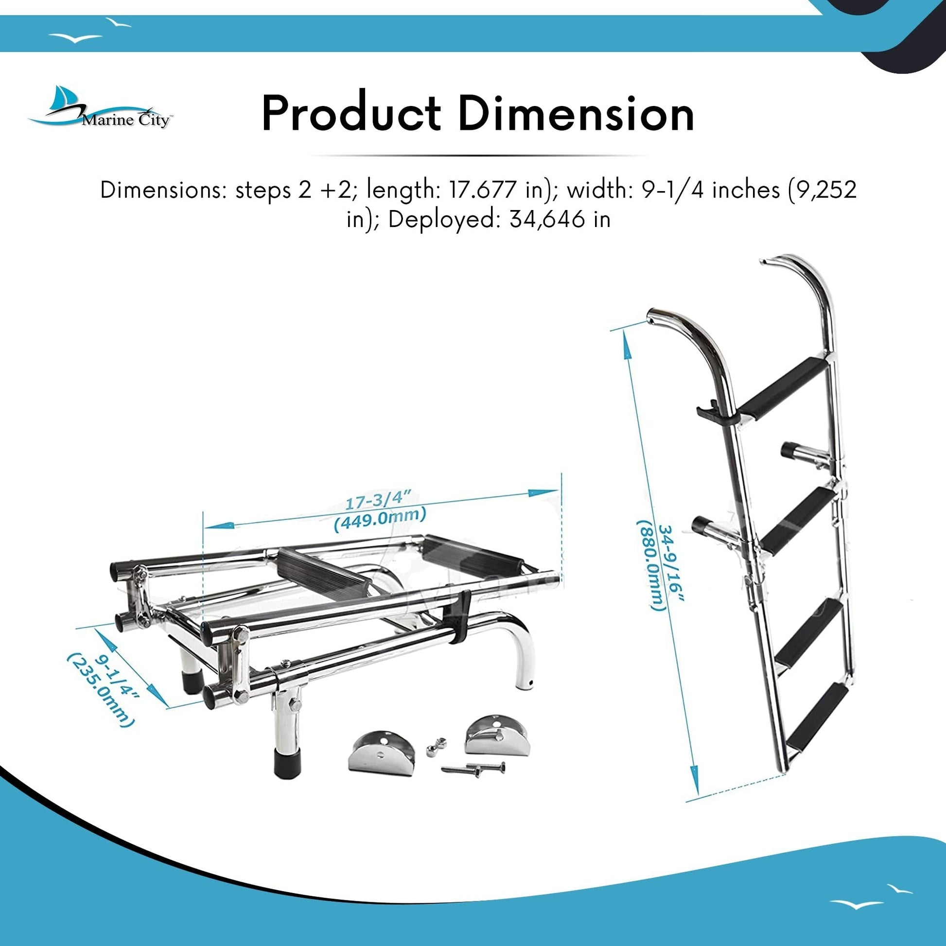 Marine City 2+2 Step Foldable Boarding Ladder – 304 Stainless Steel Boat Ladder Marine City