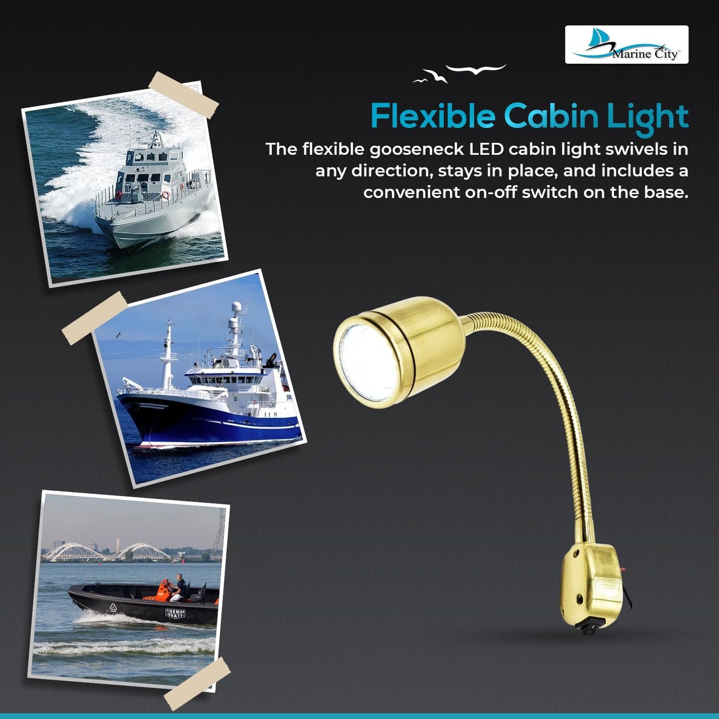 Marine City Luz de lectura de cabina LED con cuello de cisne flexible de latón para barco y yate (2 unidades)