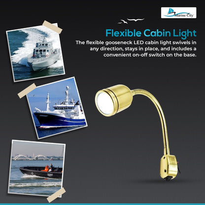 Marine City Luz de lectura de cabina LED con cuello de cisne flexible de latón para barco y yate (2 unidades)