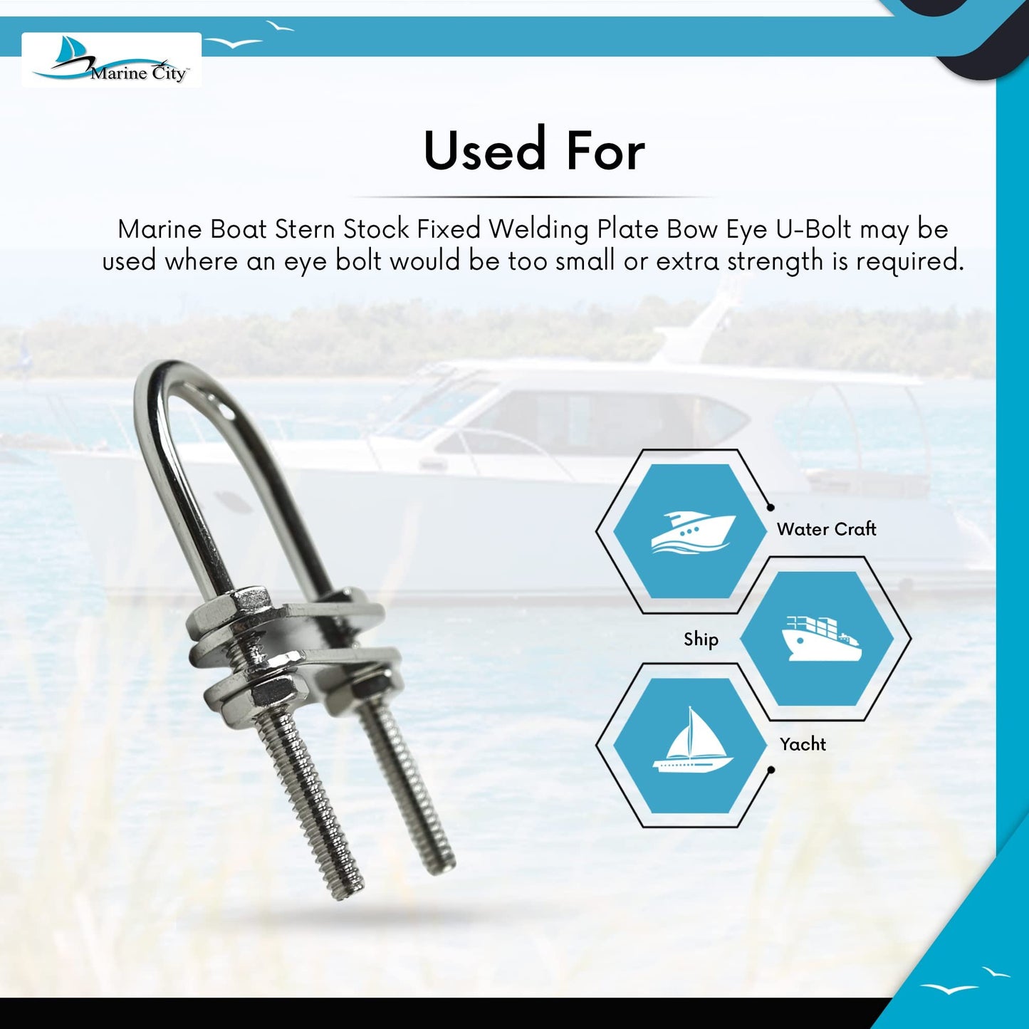 Marine City Bow Eye U-Bolt, 3/16” 304 Stainless Steel, 2-3/4” Length, Heavy Duty