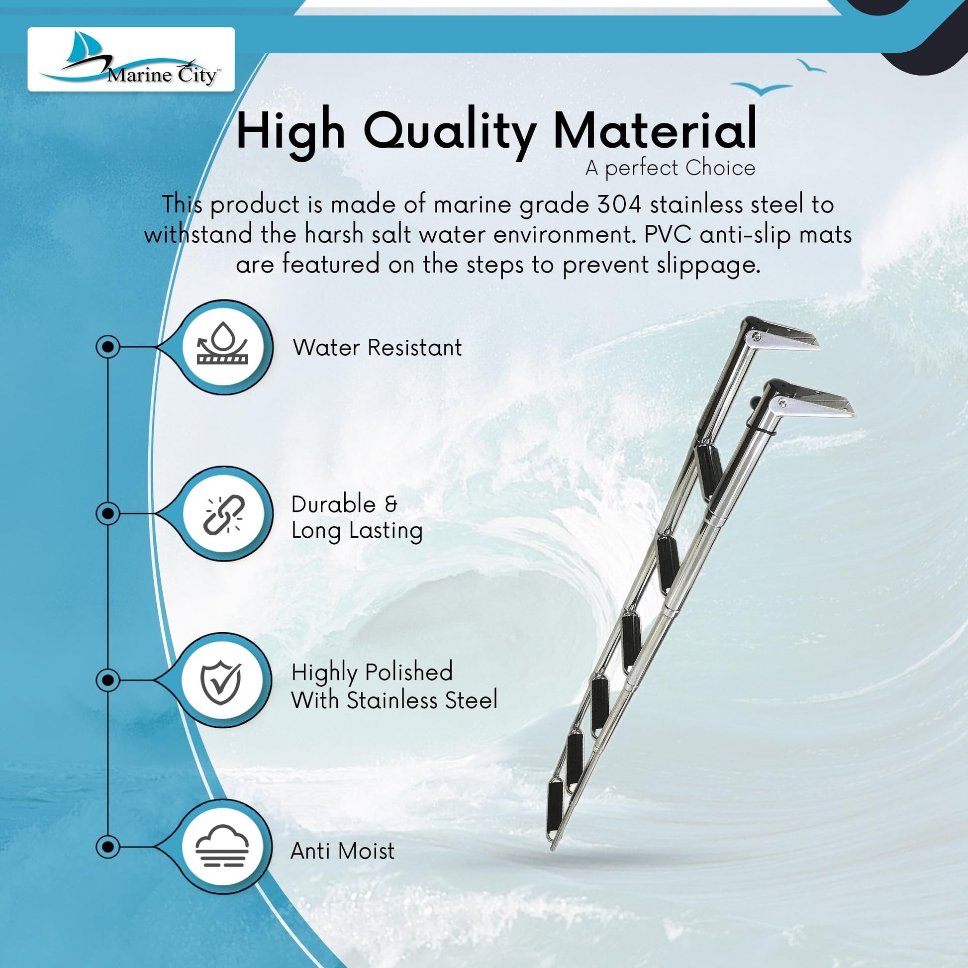 MARINE CITY 6-Step Telescoping Swim Ladder – 304 Stainless Steel, Wide Pedals MARINE CITY