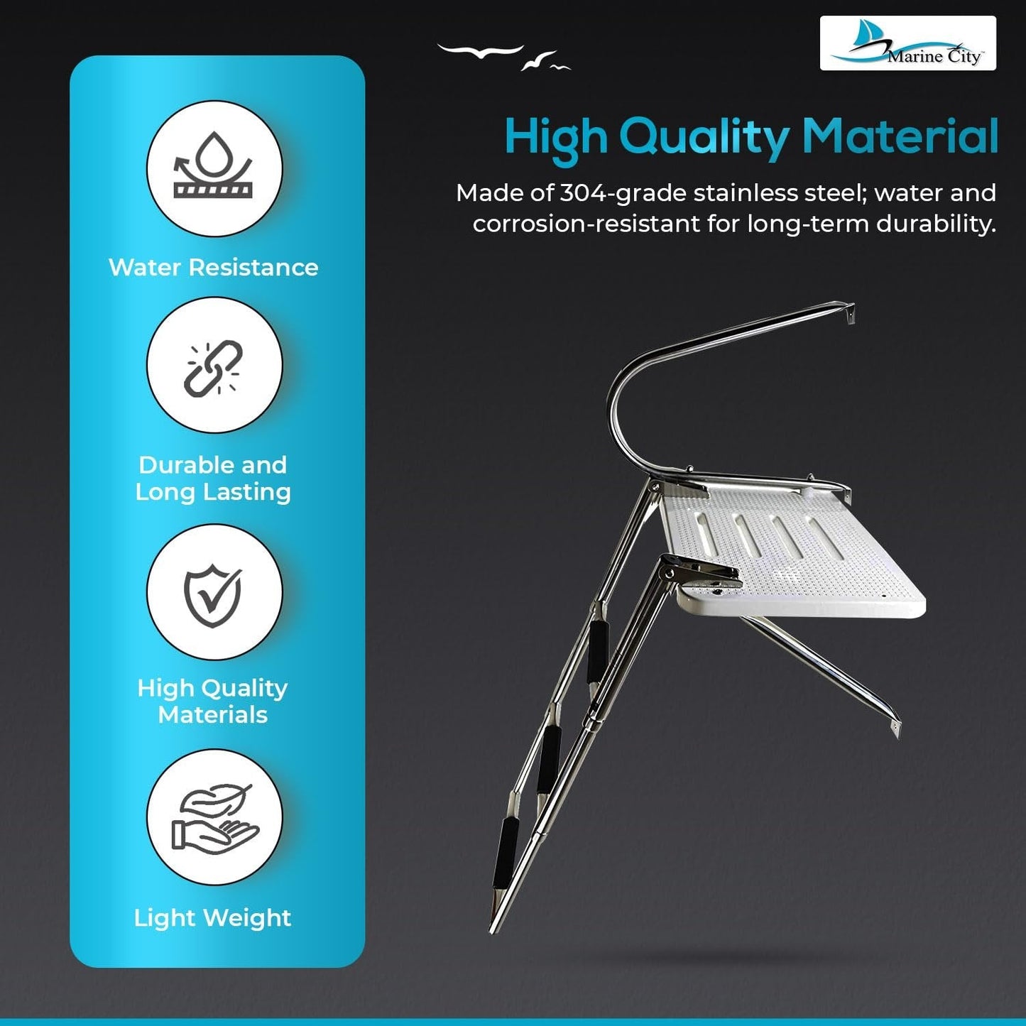 Marine City 304 Stainless Steel 3-Step O/B Swim Platform Telescoping Boat Ladder Marine City