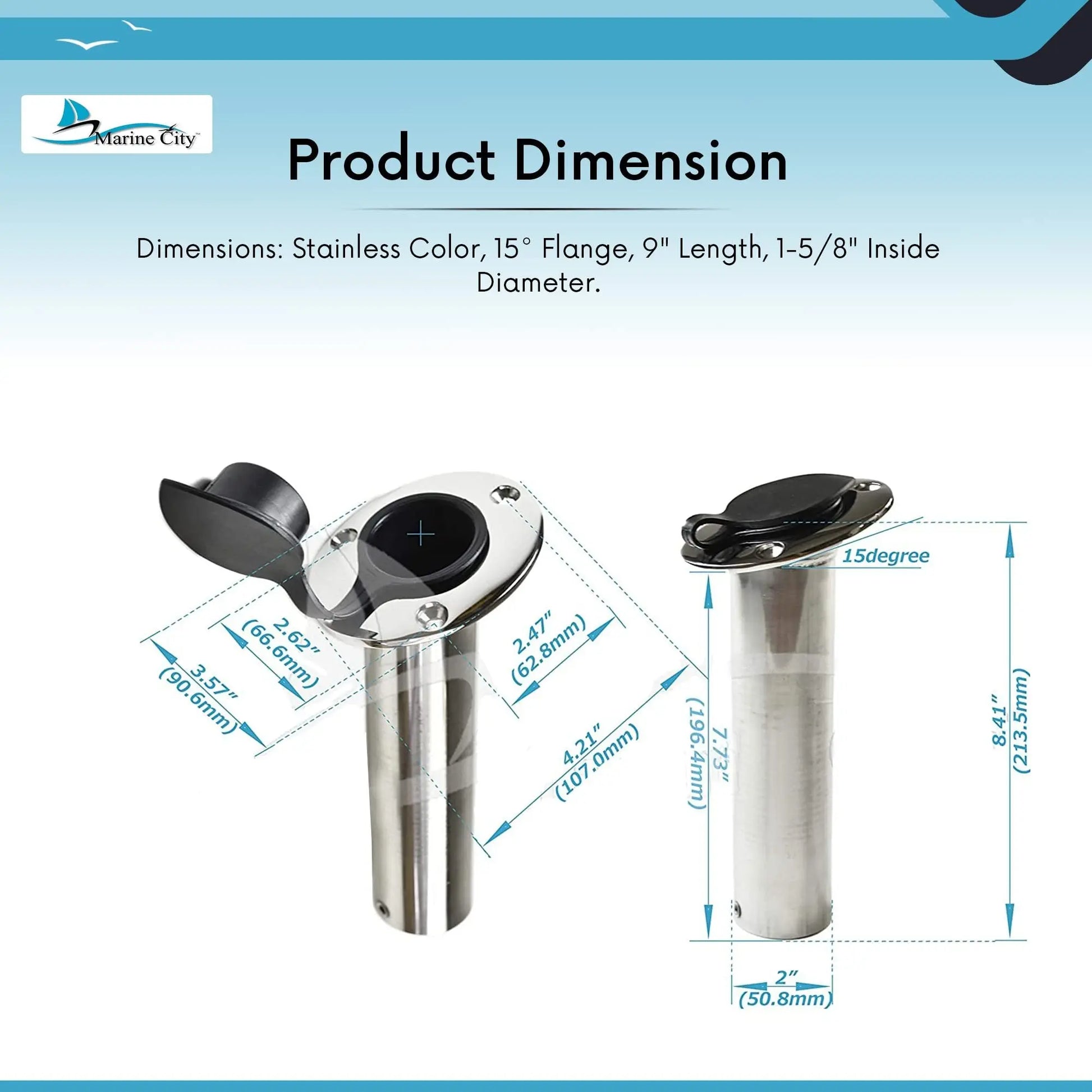 MARINE CITY Flush Mount Fishing Rod Holder – Stainless Steel, 90° Flange Marine City