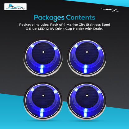 Marine City Portavasos de acero inoxidable con 3 LED azules, 12 V, 1 W, con drenaje (2 unidades)