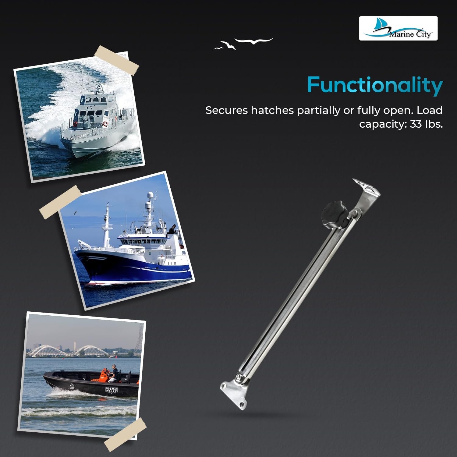 Marine City Hatch Lid Stay Support & Adjuster, 316 Stainless Steel (Large) Marine City Hardware
