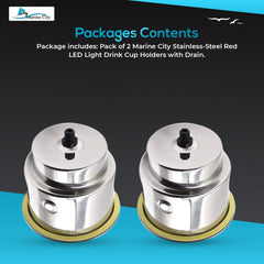 Marine City Stainless Steel Red LED Ring Cup Holder with Center Drain (2 Pcs)