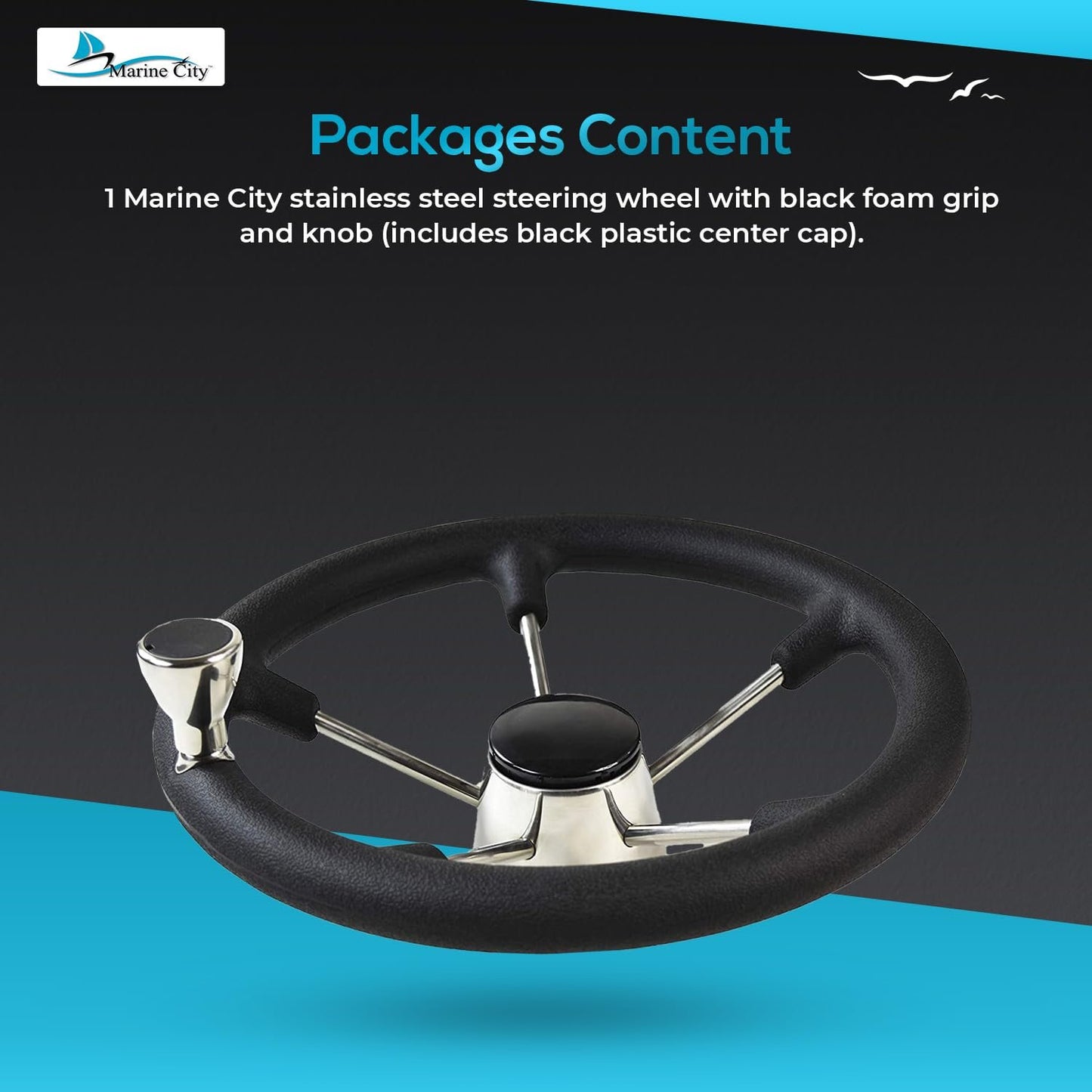 Marine City Volante de acero inoxidable para barco con agarre de espuma negra de 11 pulgadas con perilla para yate (diámetro: 11 pulgadas)