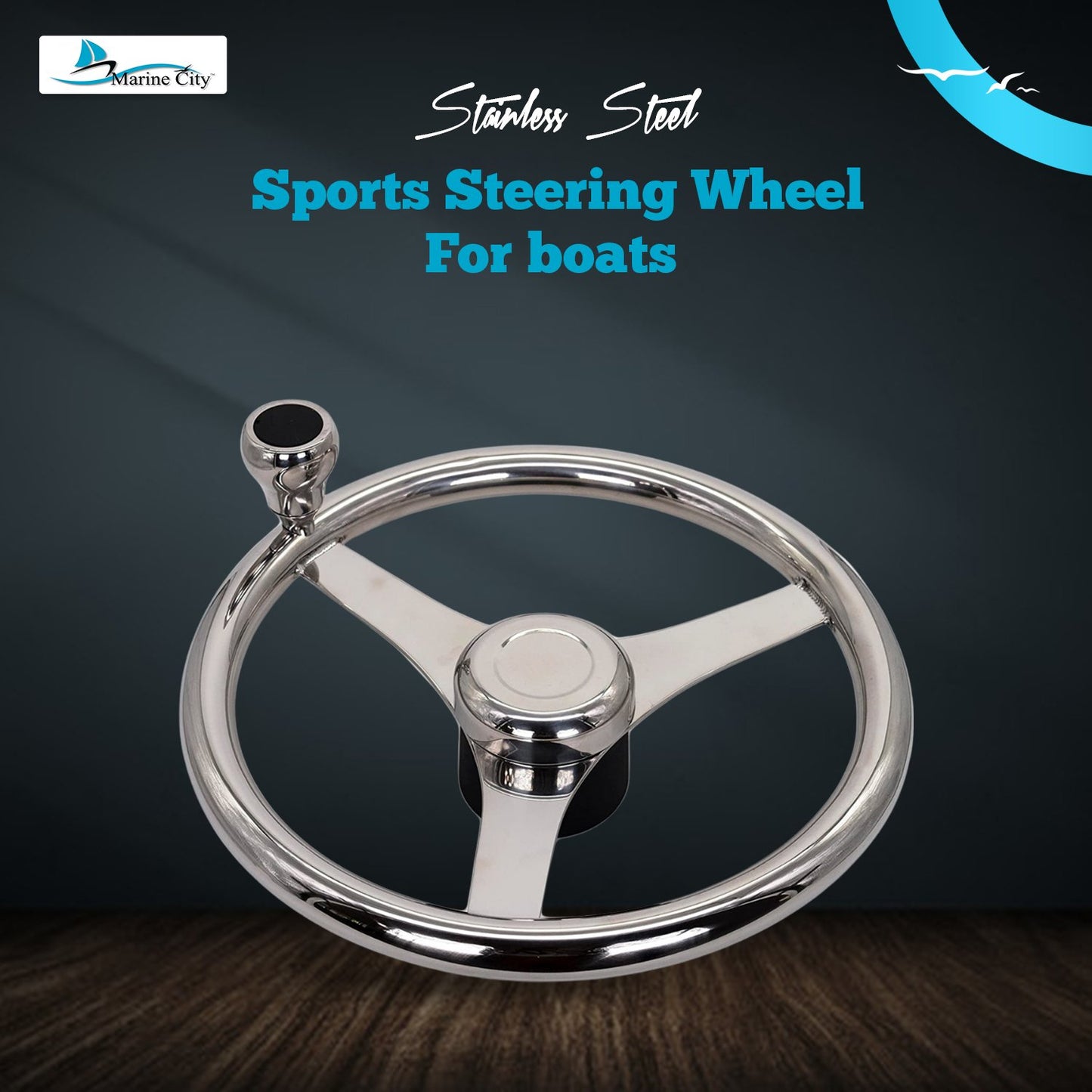 Marine City 13.5” 316 Stainless Steel 3-Spoke Sports Steering Wheel with Knob