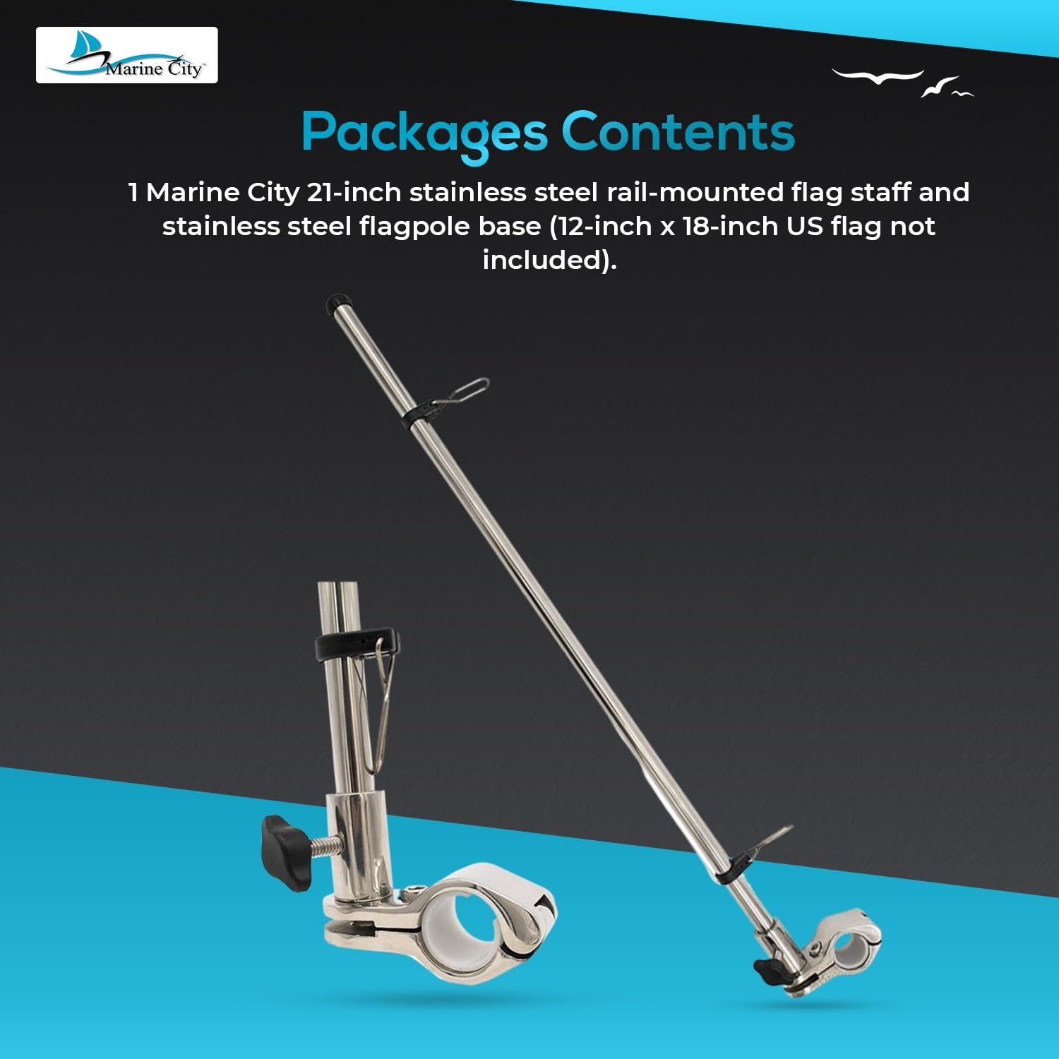 Marine City 21-Inch Rail-Mounted Flag Pole – Rust-Resistant 304 Stainless Steel Marine City