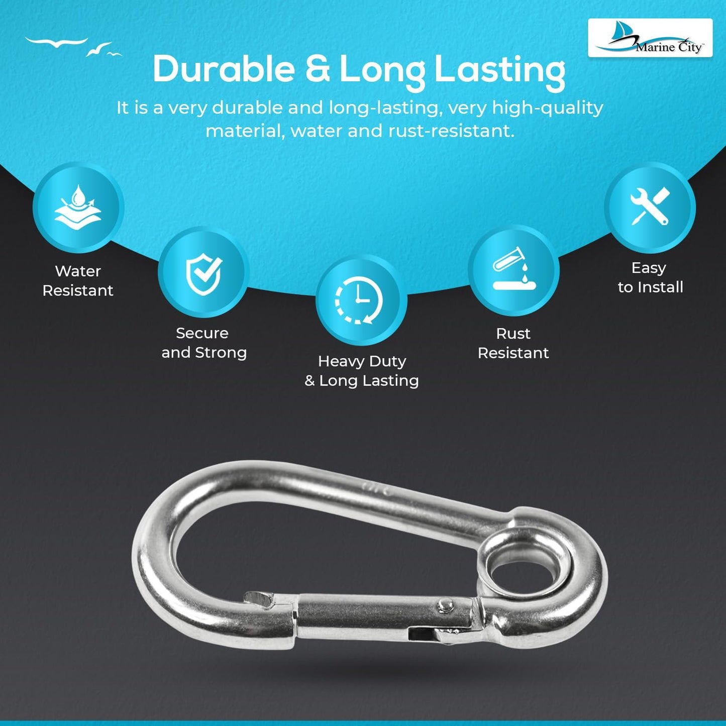 Marine City Carabiner Clip Snap Hook with Ring – 2-3/8” Stainless Steel (4 Pcs)