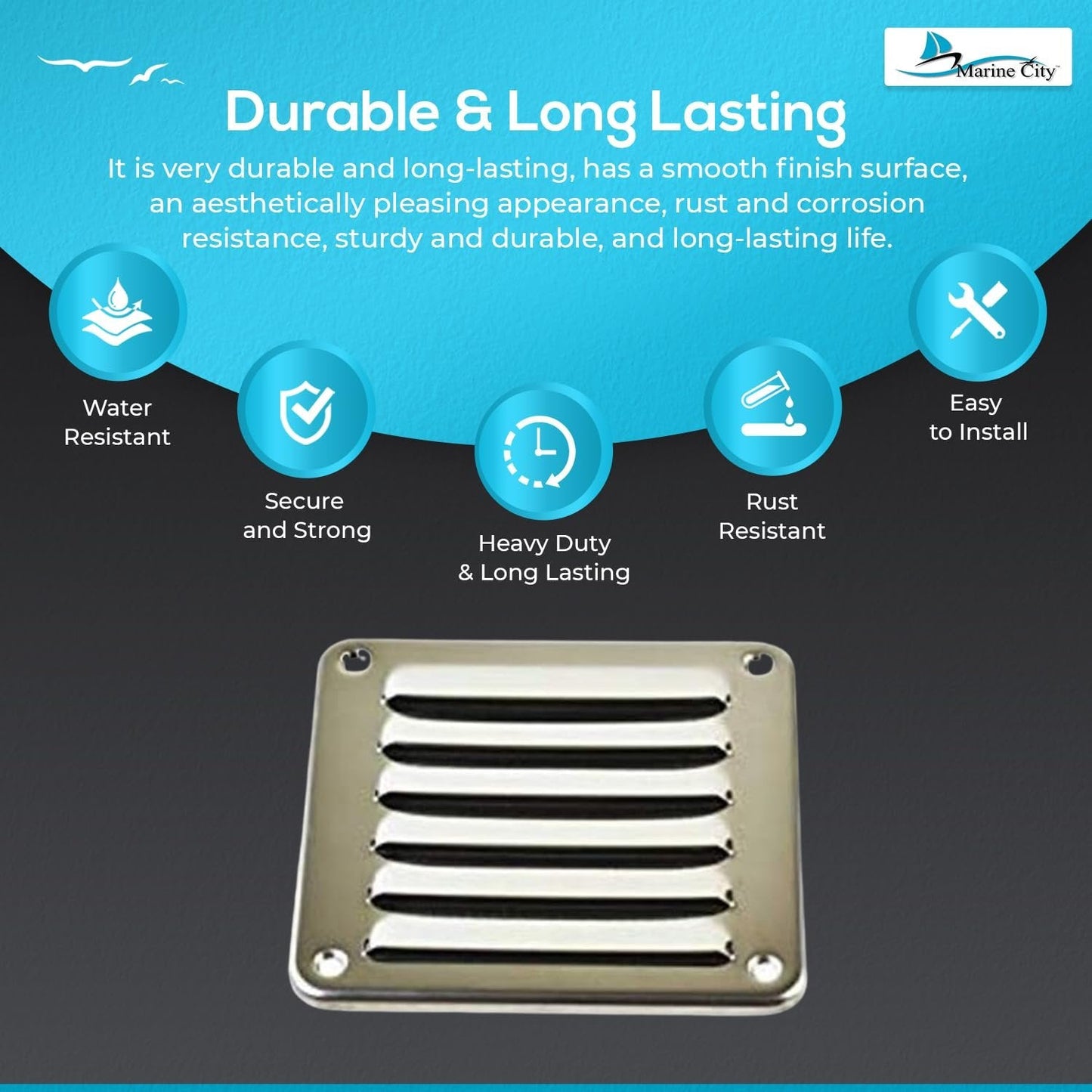 MARINE CITY Rectangle Stamped Louvered Vent – 316 Stainless Steel, 4-13/16” × 5” MARINE CITY