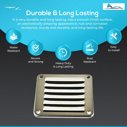 MARINE CITY Rectangle Stamped Louvered Vent – 316 Stainless Steel, 4-13/16” × 5” MARINE CITY