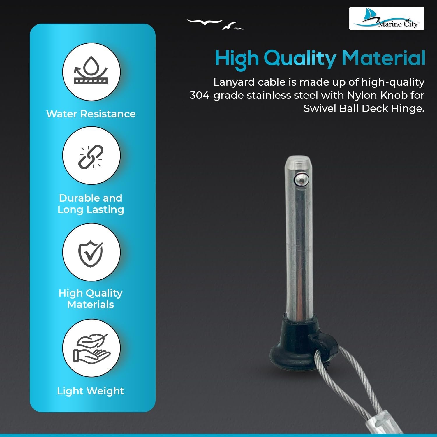 MARINE CITY Pull Pin & Lanyard with Nylon Knob – 3/16" Stainless Steel (1 Pcs) Marine City Hardware