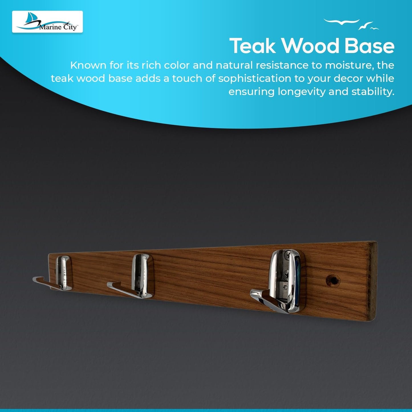 Marine City 3-Hook Rack with Teak Wood Base – 316 Stainless Steel Folding Hooks