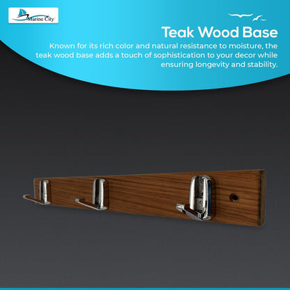 Marine City 3-Hook Rack with Teak Wood Base – 316 Stainless Steel Folding Hooks