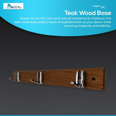 MARINE CITY 3-Hook Rack with Teak Wood Base and 316 Stainless Steel Folding Hooks, Durable and Moisture-Resistant, Ideal for Hats, Coats, Towels, Bags and Perfect for Boats