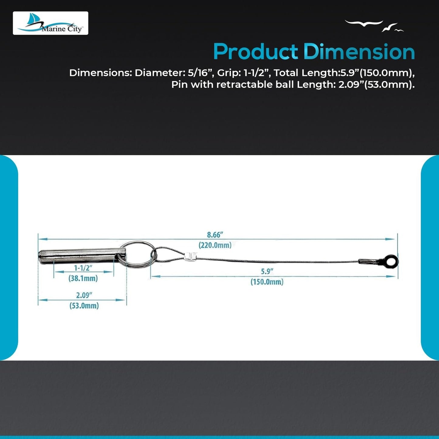 Marine City Bimini Top Quick Disconnect Pin with Cable Grip–304 Stainless Steel Marine City
