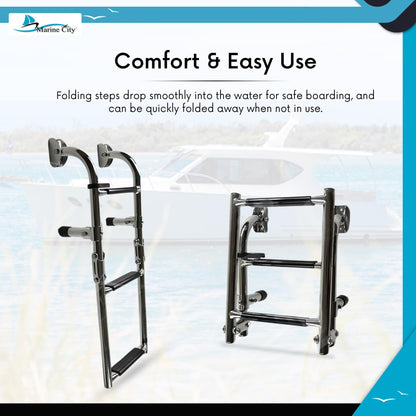Marine City Escalera de embarque plegable de acero inoxidable para yates y barcos de grado marino de 1+2 escalones
