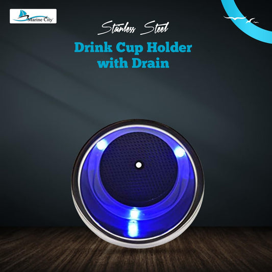 Marine City Portavasos de acero inoxidable con 3 LED azules, 12 V, 1 W, con drenaje (2 unidades)