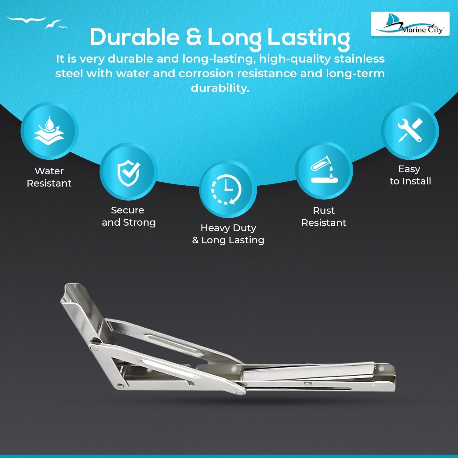 Marine City 304 Stainless Steel Folding Shelf Bracket – 12” Long Arm, Heavy Duty Marine City Hardware