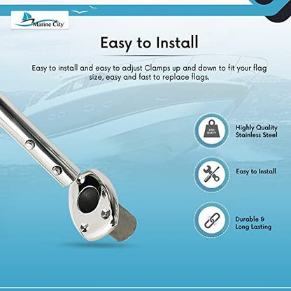 MARINE CITY 30-Inch Flag Stanchion Pole & Base Kit – Stainless Steel, Adjustable MARINE CITY