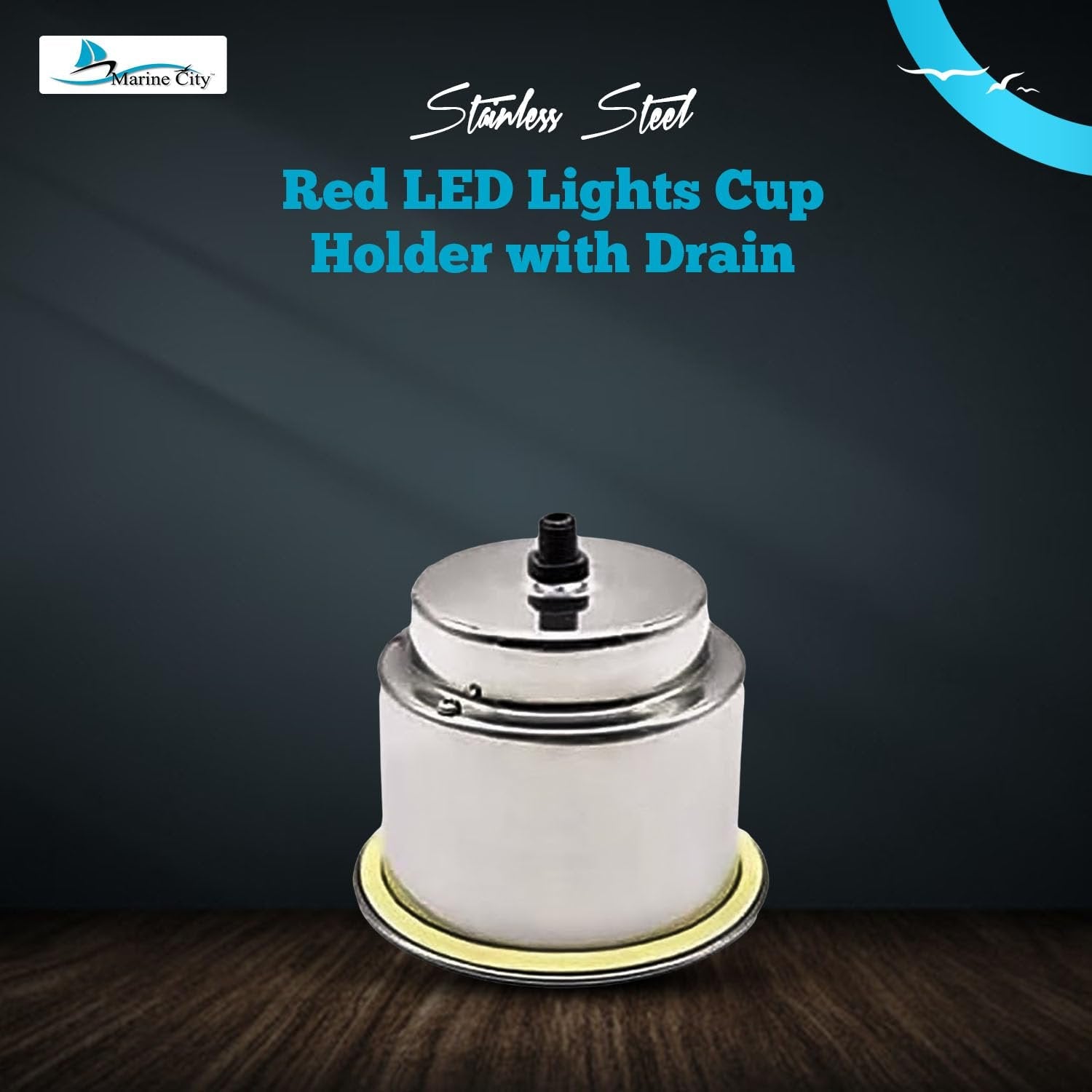 Marine City Stainless Steel Red LED Illuminated Drink Holder with Drain (2 Pcs) MARINE CITY